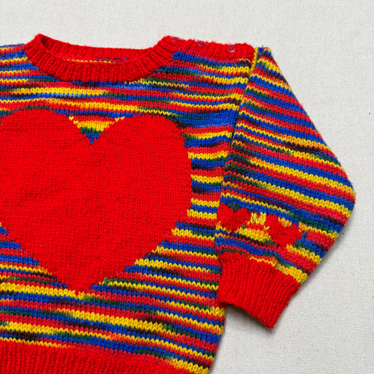 Kids Toddler Vintage Handmade Rainbow Big Heart Pattern Knit Sweater / 3T 4T 5T