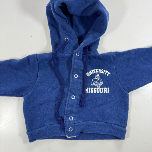 80s Kids Infant Vintage Navy University Missouri Hooded Sweatshirt With Snaps 12m 18m
