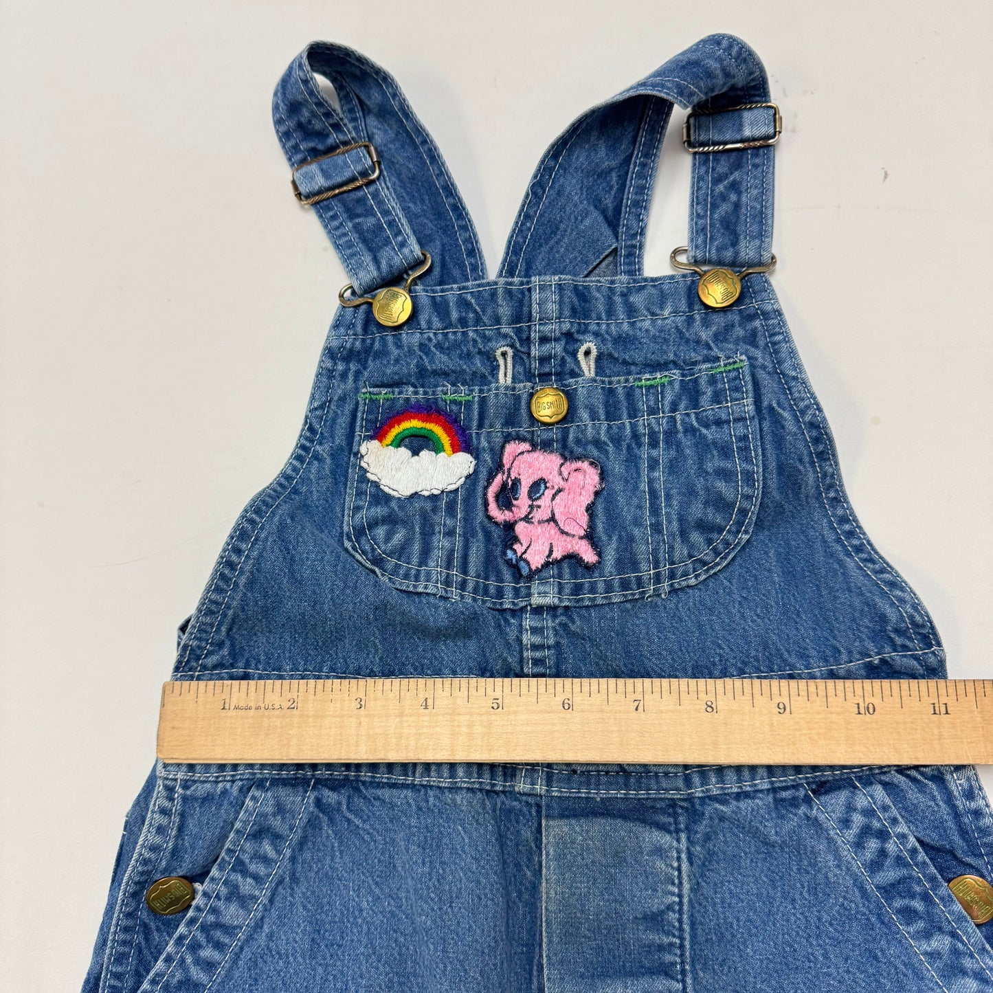 70s Kids Vintage Big Smith Blue Denim Long Pant Overalls With adjustable Straps Cute Patches Front And Back 5Y 6Y Made in USA