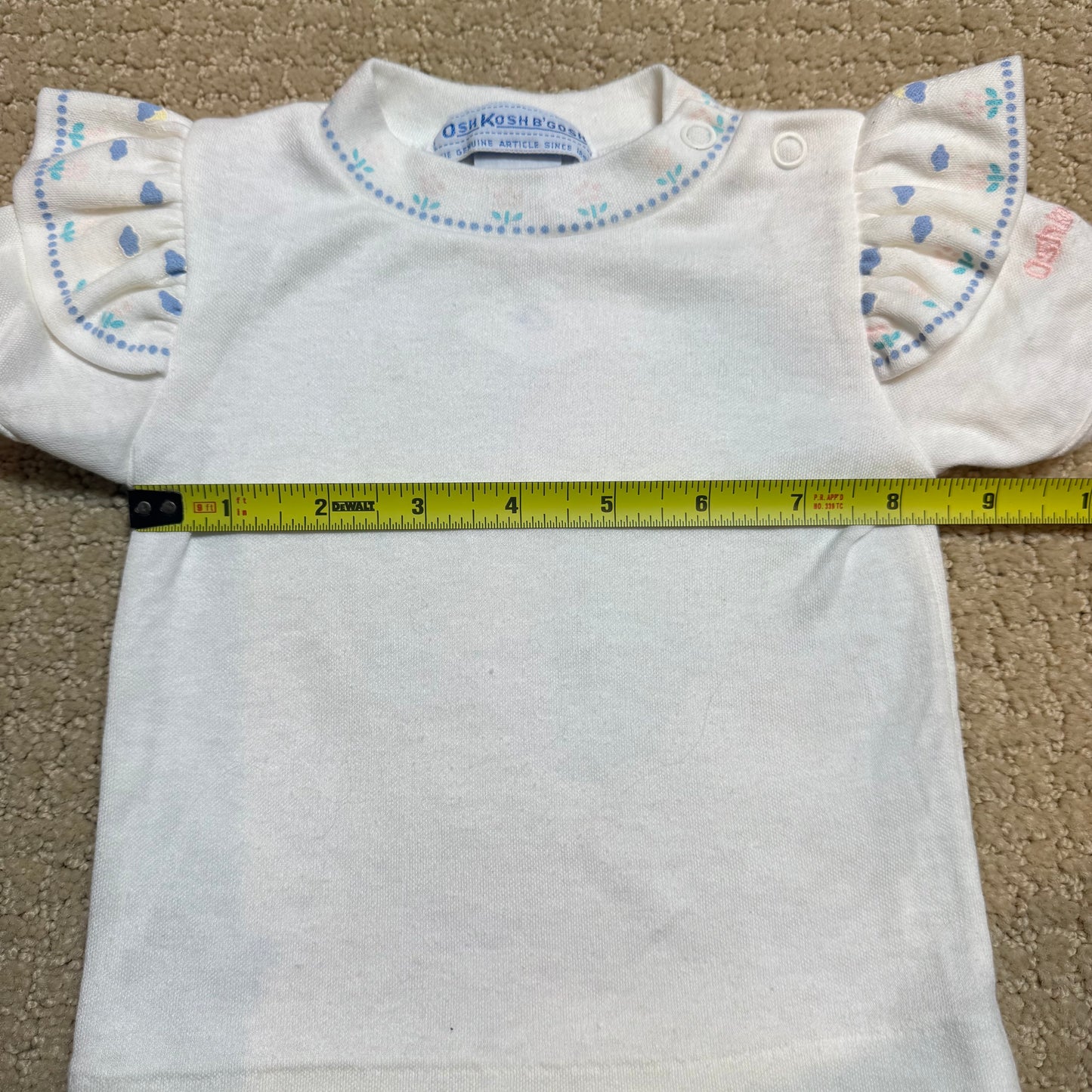 90s Kids Toddler Infant Vintage Baby B’Gosh Oshkosh 2 Piece Set Turquoise Overall White Ruffle T-shirt With Floral Accents /6m 9m / Made in USA