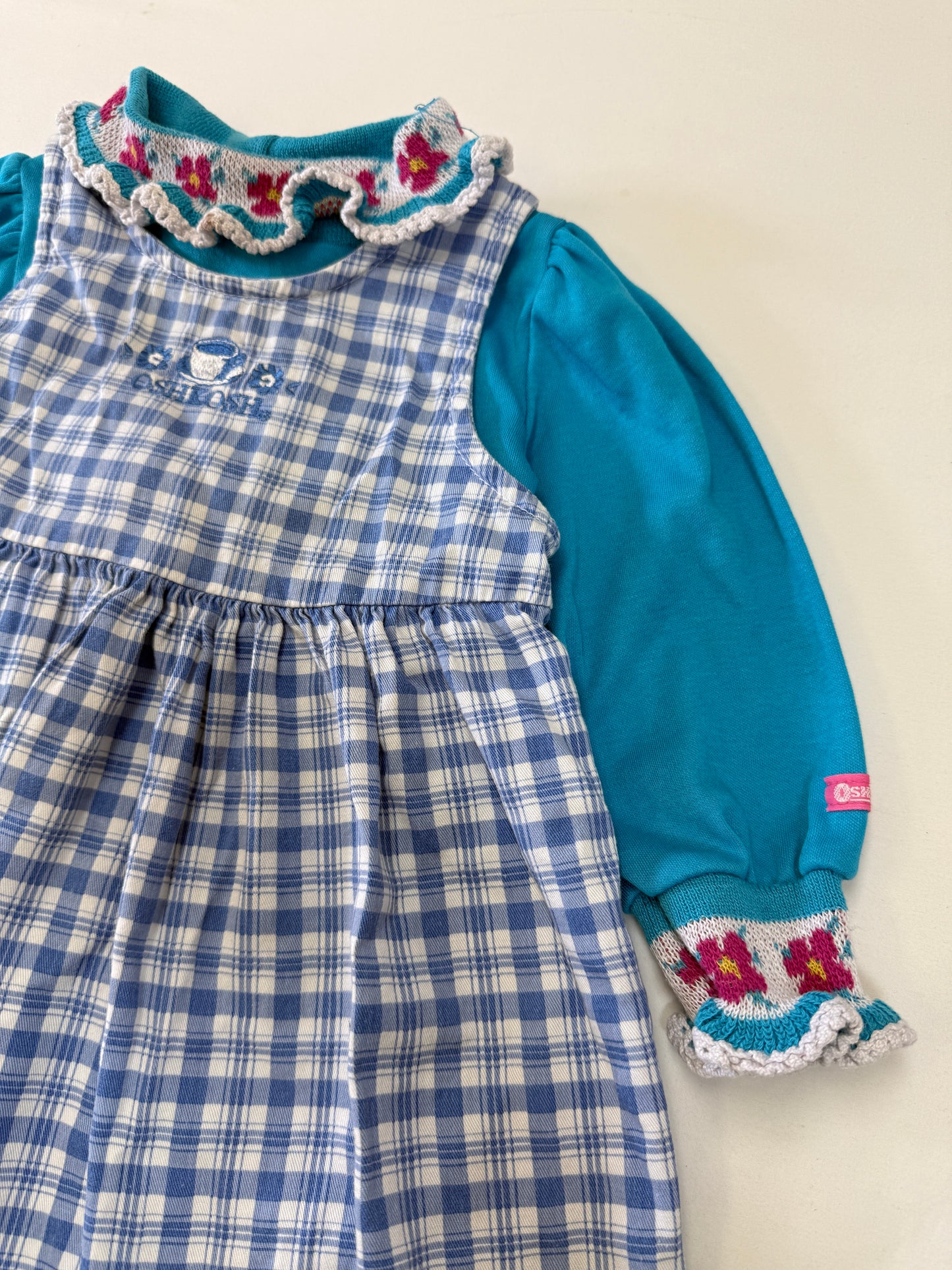 90s Y2K Kids Toddler Infant Vintage Oshkosh Bgosh Blue Check Dress and Puff Sleeve Floral Print Longsleeve Top 2pc Set / 12m 18m 24m / Made in USA dress set