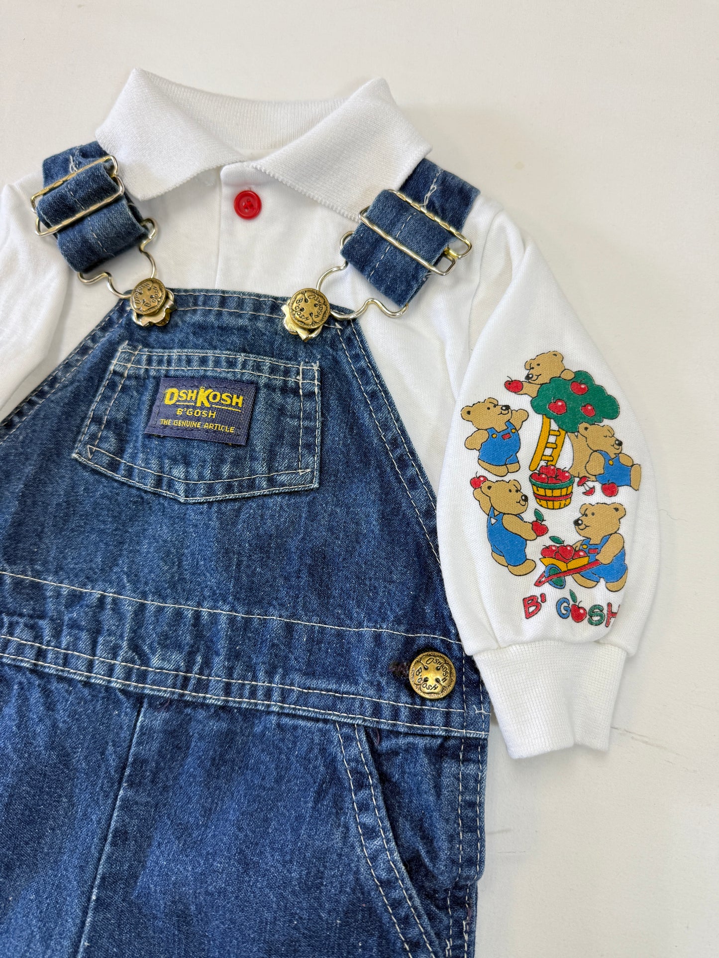 90s Kids Infant Baby Vintage Oshkosh Bgosh Denim Overall and Bears Print Longsleeve Polo Top 2pc Set / 3m 6m 9m / Made in USA