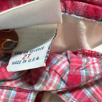 90s Kids Toddler Infant Vintage Baby B’Gosh Oshkosh 2 Piece Set Plaid Overall With Matching White Ruffle Long Sleeve /2T / Made in USA