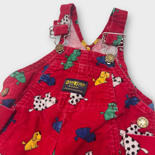 Kids Vintage Oshkosh B’Gosh Vestbak Red Corduroy Overall Multicolour Dog Print 6m Made In Canada