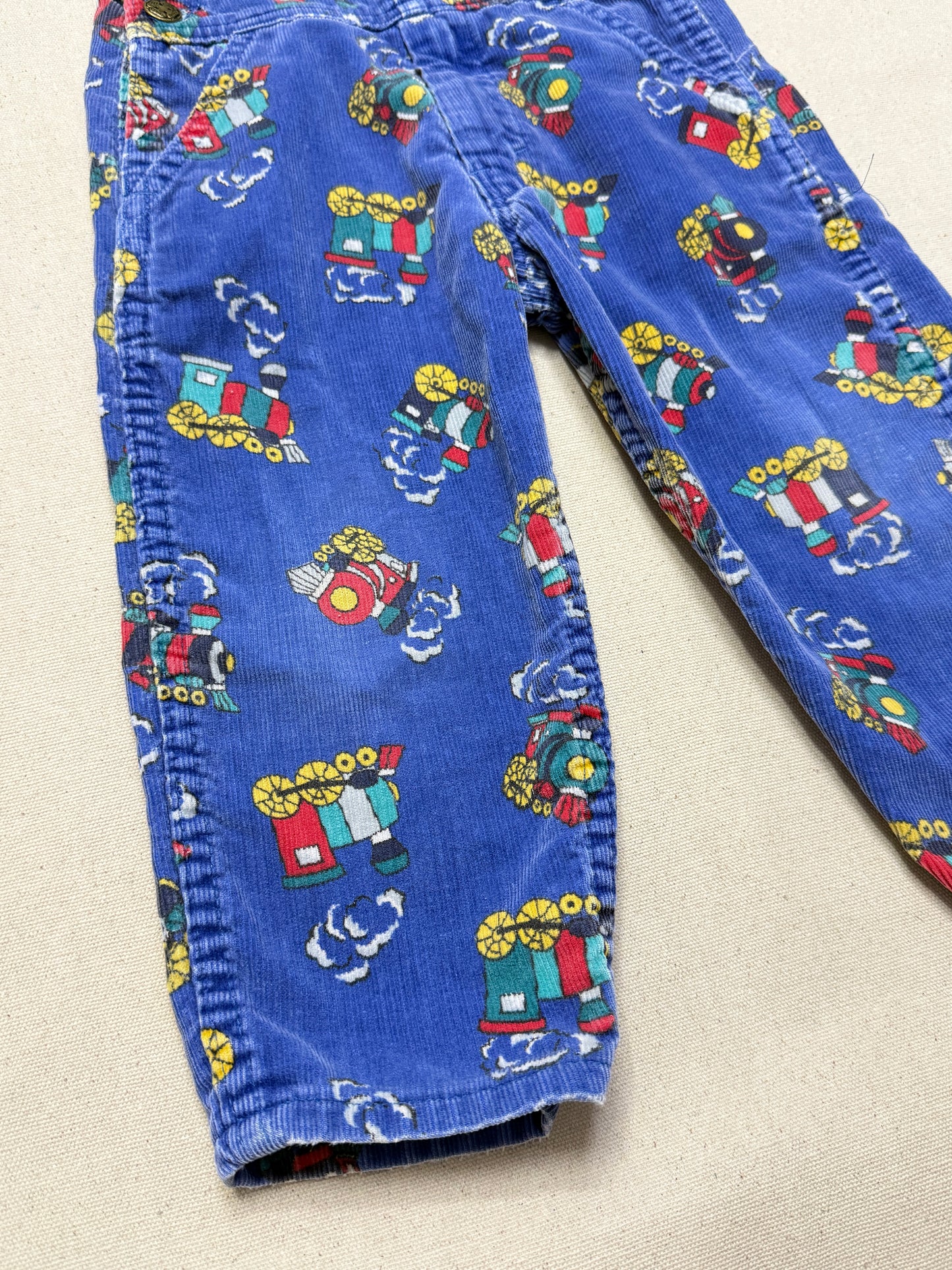 90s Kids Toddler Vintage Oshkosh Bgosh Train Pattern Blue Corduroy Overall / 2T 3T