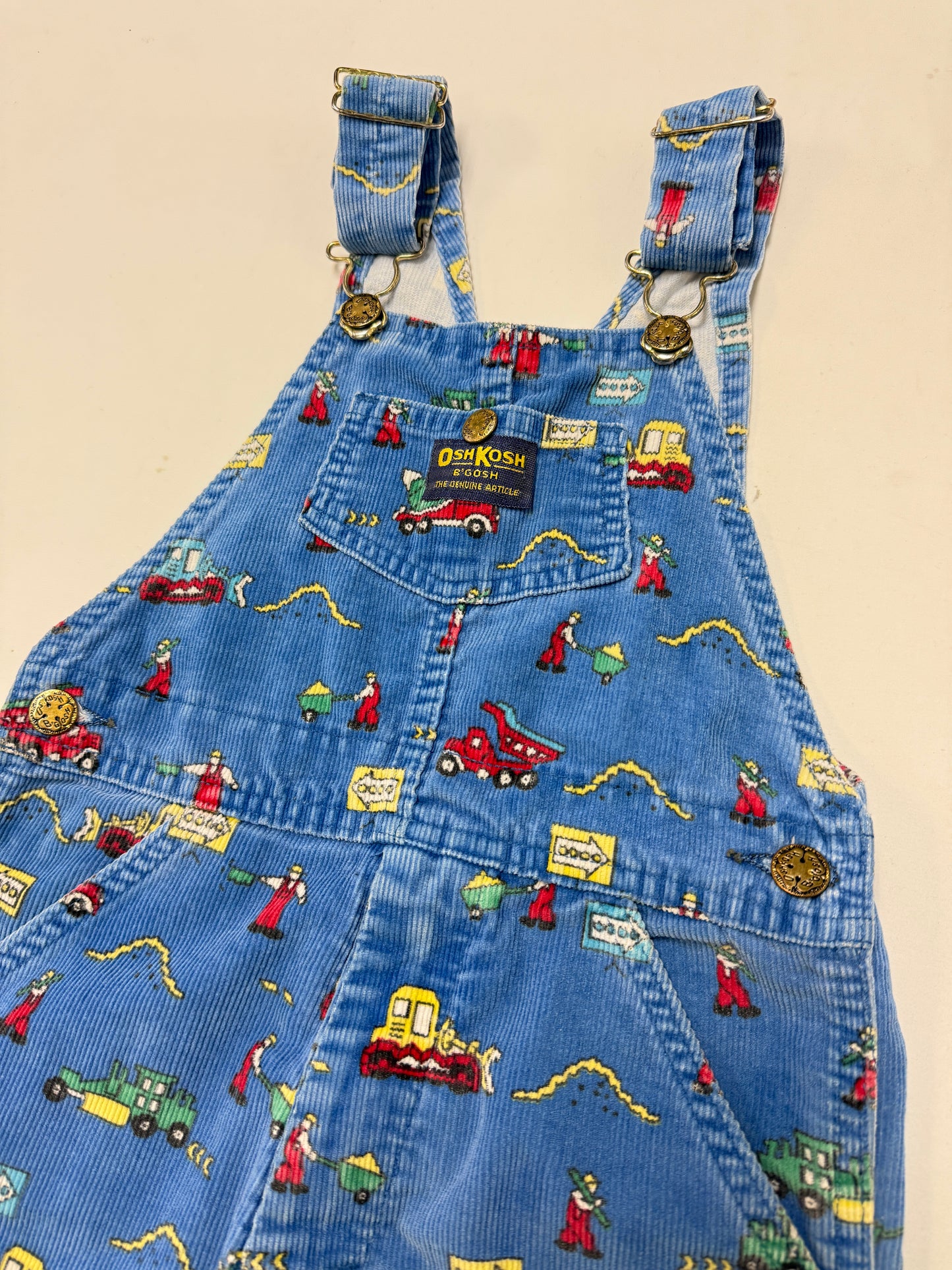 90s Kids Toddler Vintage Oshkosh Bgosh Construction Trucks AOP Blue Corduroy Overall / 5T 6y