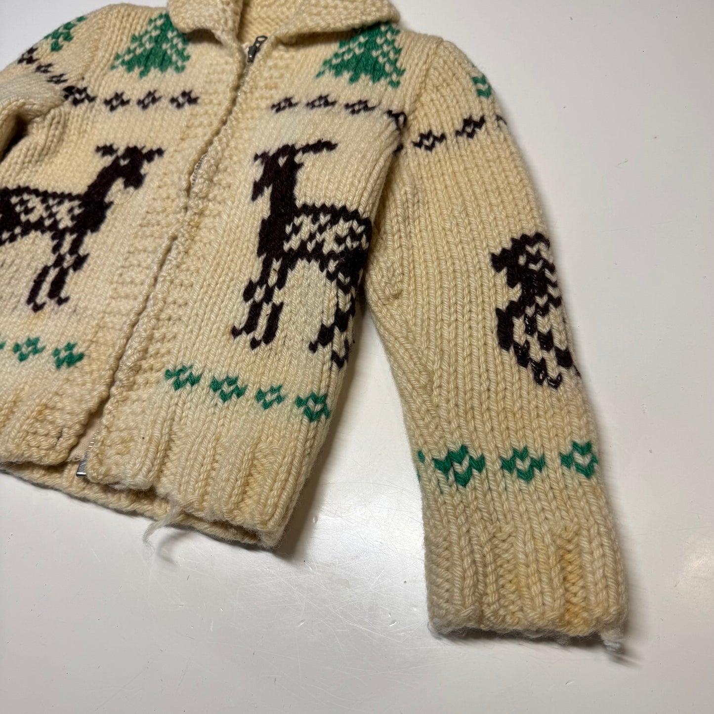 50s 60s Kids Toddler Vintage Beige Deer Lightning Zipper Cowichan Sweater / 3T 4T