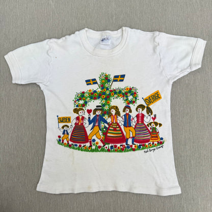 70s Kids Vintage Sweden Cute Print Design Off White Short Sleeve T-Shirt Made in Sweden 3Y 4Y 5Y