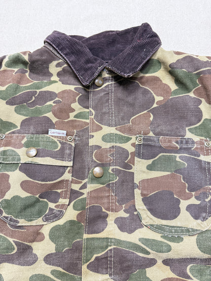 80s Kids Youth Vintage Carhartt Rare Duck Hunting Camo Corduroy Collar Quilt Lined Jacket / 7y 8y 9y
