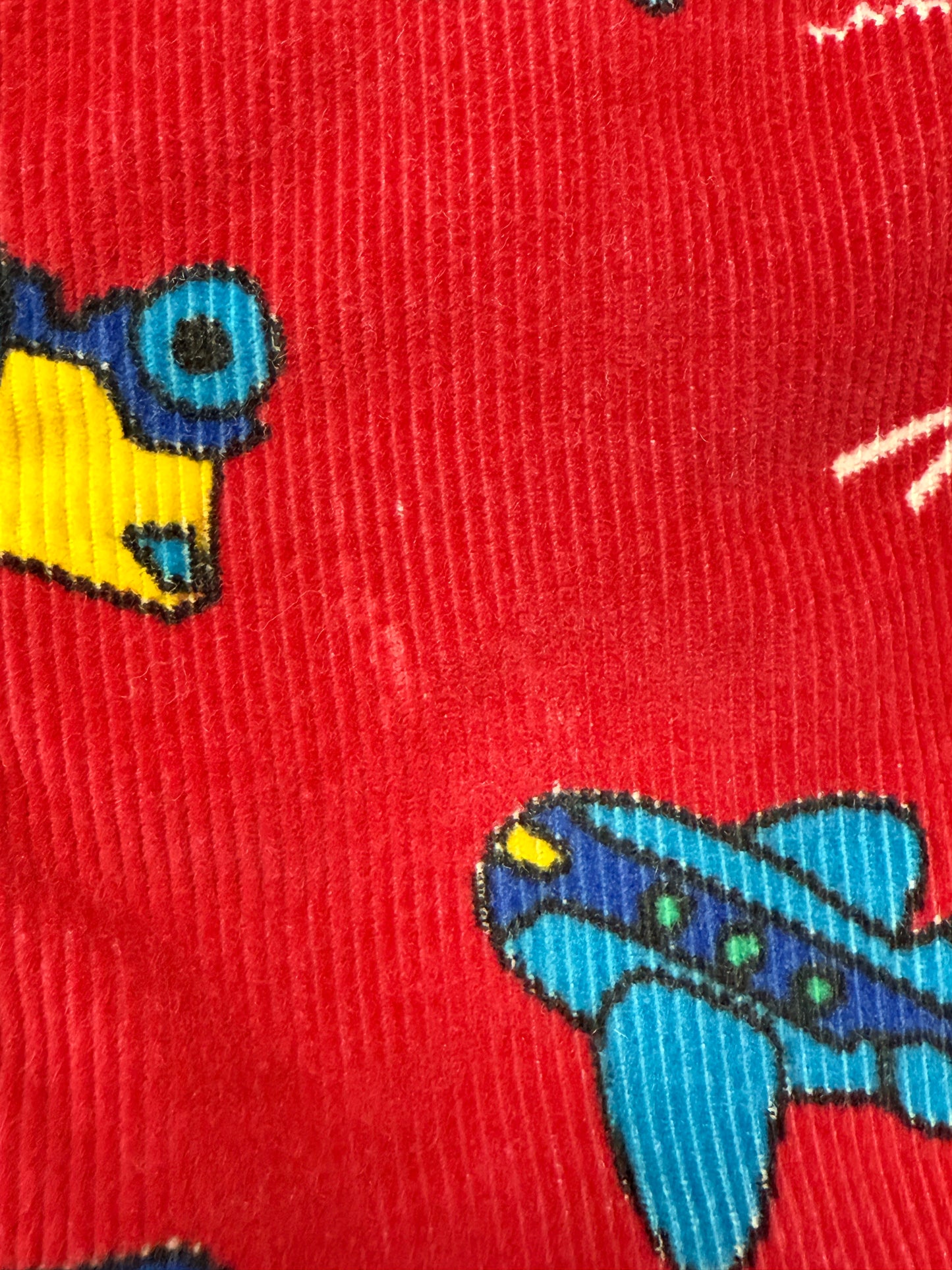 90s Kids Toddler Vintage Oshkosh Bgosh Red Cordury Plane Helicopter Tractor Bus AOP Cotton Overall / 2T/ Made in Canada