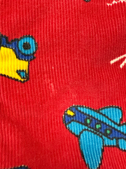 90s Kids Toddler Vintage Oshkosh Bgosh Red Cordury Plane Helicopter Tractor Bus AOP Cotton Overall / 2T/ Made in Canada