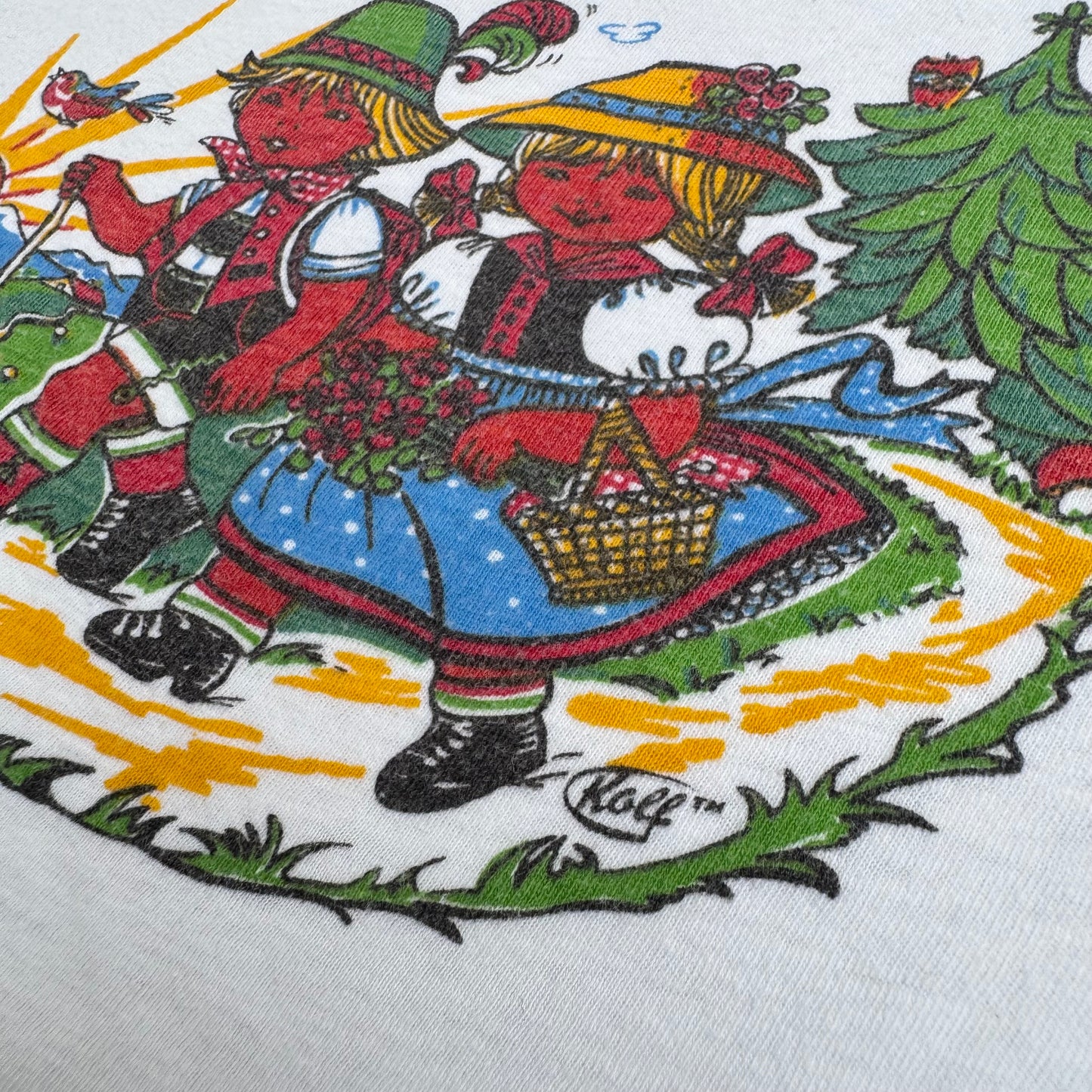 70s Kids Vintage Monchen Yoddlers Print SouvenirWhite 100% Cotton Single Stitch Short Sleeve T-Shirt 10Y Baby Tee XS Adult