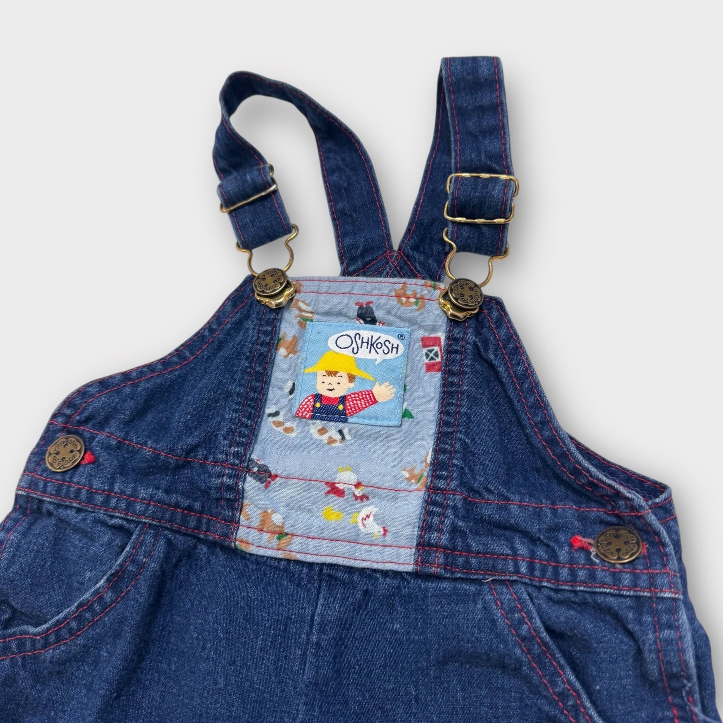 Baby Vintage 100% Cotton Denim Oshkosh Overall Farm Friends With Cuff Print 12M Made In USA