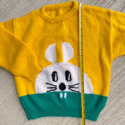 Kids Vintage Hand Knit Bunny Yellow Pullover Sweater 5Y 6Y 7Y 8Y