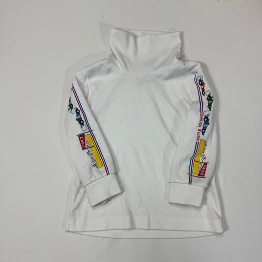 90s Kids Toddler Infant Vintage Baby B’Gosh Oshkosh White Long Sleeve Holiday Race car Print On Sleeves //18m / Made in USA