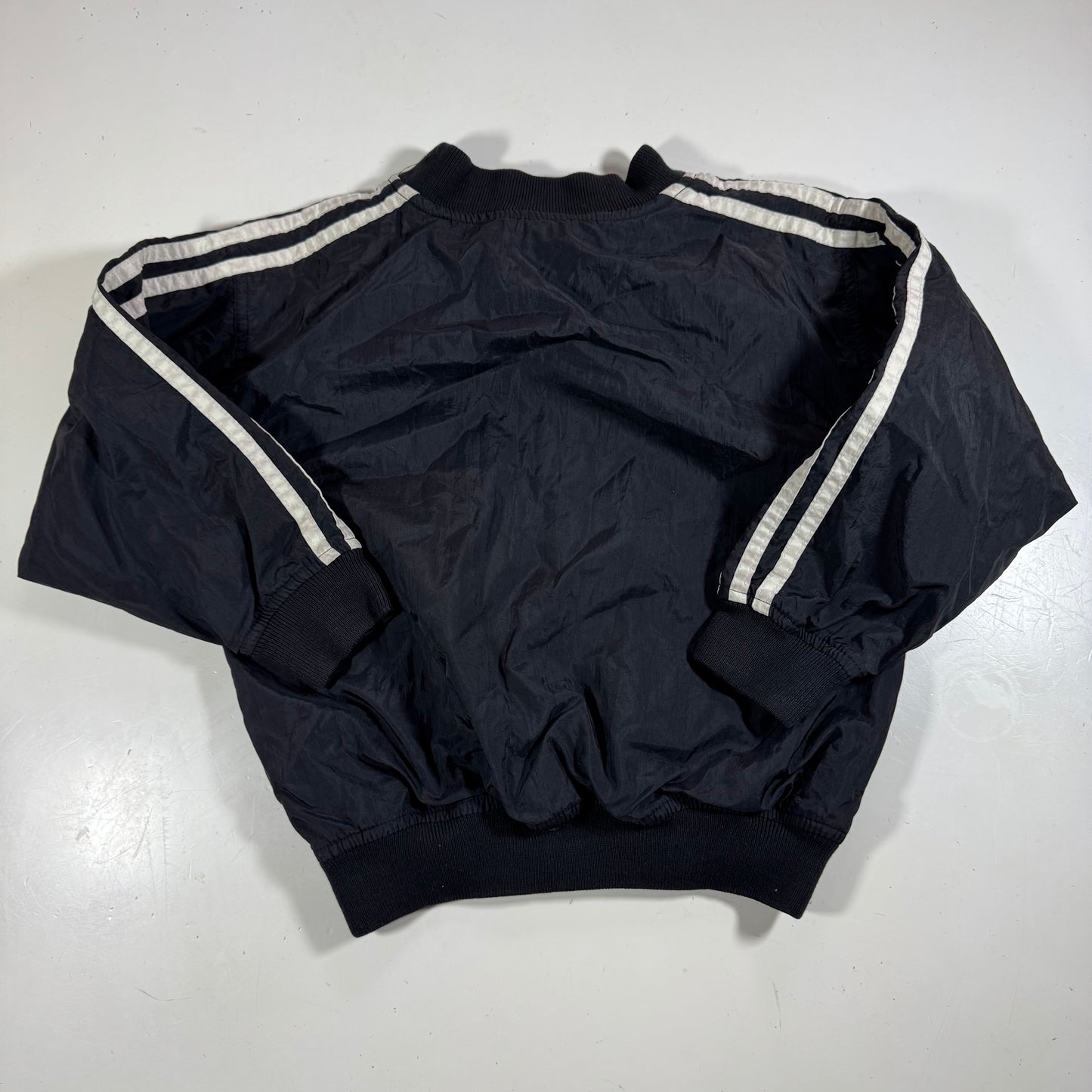 90s Vintage Adidas Kids Toddler Black Lined Pullover Sleeves Striped Windbreaker Sweatshirt Jacket Big Logo S 4T