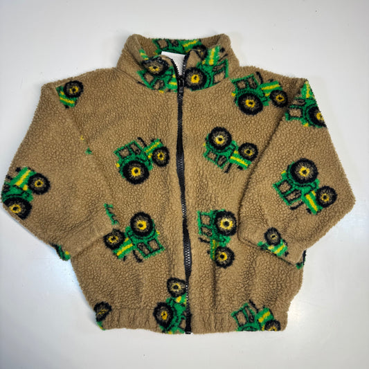 90s 2000s Kids Toddler Vintage Beige Khaki Deep Pile Zip Fleece Tractor AOP With Pockets Made in USA 3T