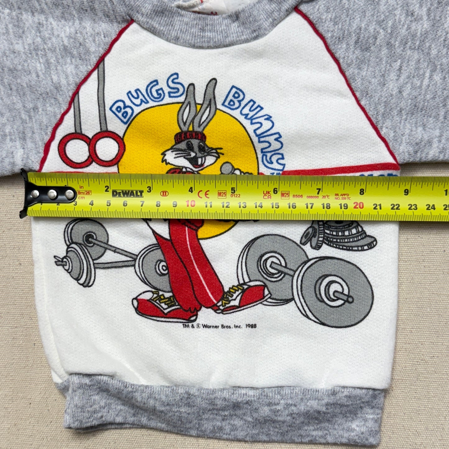 1988 80s Kids infant Baby Vintage Bugs Bunny Weight-Lifter Gray Raglan Sleeve Sweatshirt / 0m 3m 6m