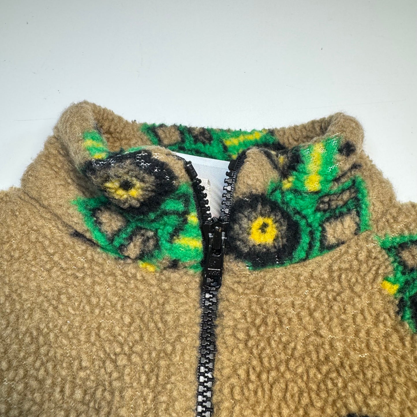 90s 2000s Kids Toddler Vintage Beige Khaki Deep Pile Zip Fleece Tractor AOP With Pockets Made in USA 3T