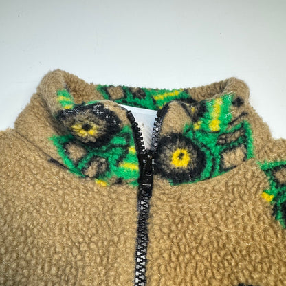 90s 2000s Kids Toddler Vintage Beige Khaki Deep Pile Zip Fleece Tractor AOP With Pockets Made in USA 3T
