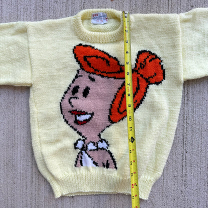 Kids Vintage Child Light Yellow Big Elma Flinstone Character Hand Made Knit Sweater 6Y 7Y 8Y Tiny Adult