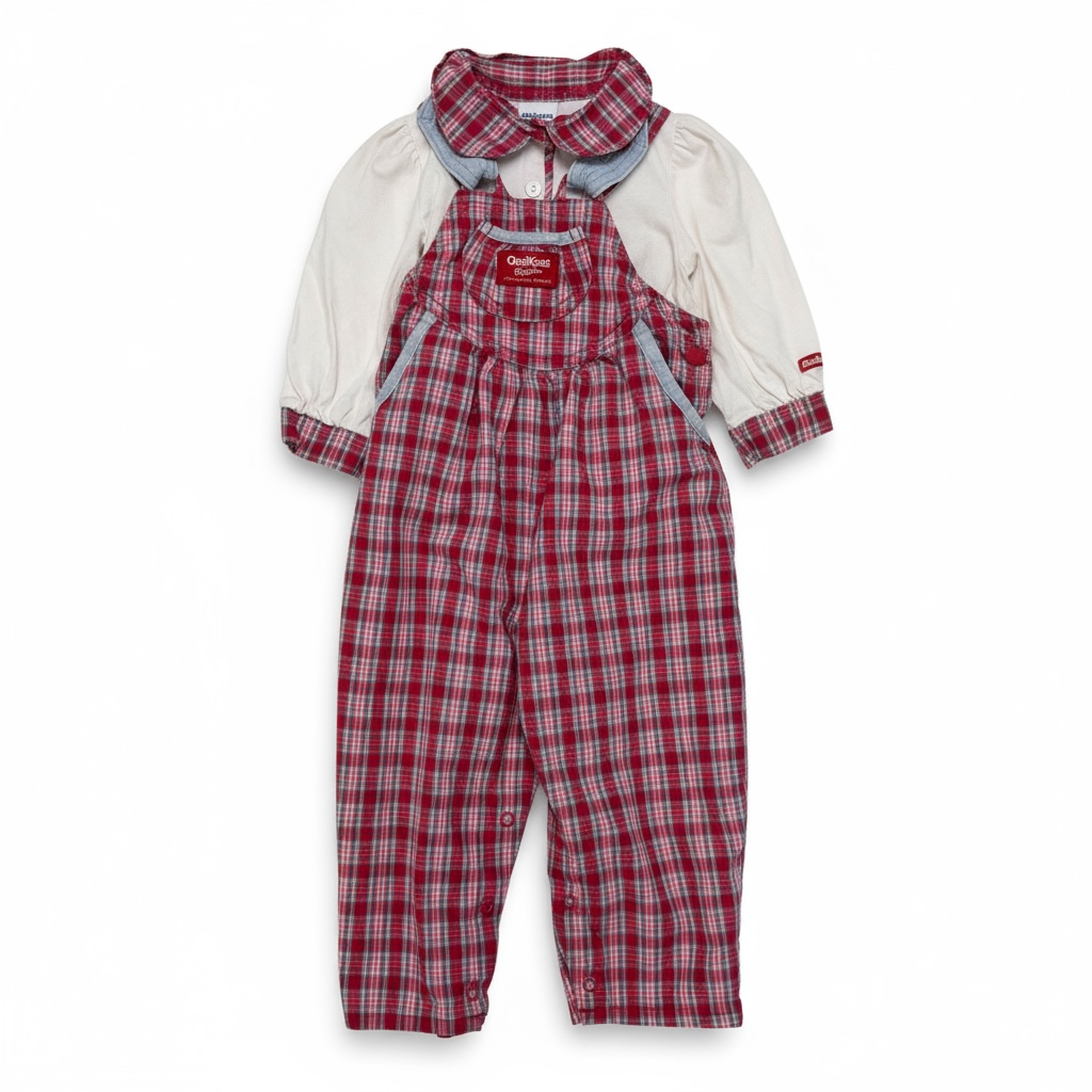 90s Kids Toddler Infant Vintage Baby B’Gosh Oshkosh 2 Piece Set Plaid Overall With Matching White Ruffle Long Sleeve /2T / Made in USA