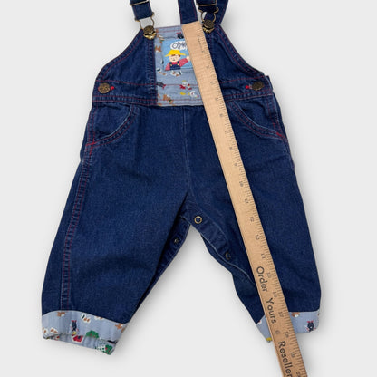 Baby Vintage 100% Cotton Denim Oshkosh Overall Farm Friends With Cuff Print 12M Made In USA