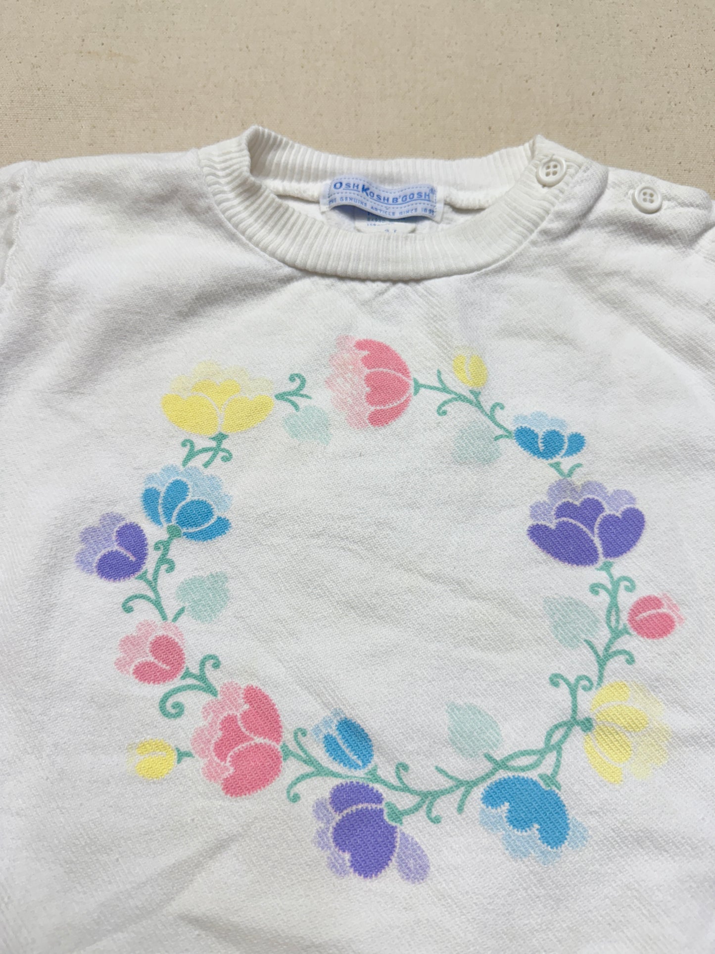 80s 90s Kids Toddler Vintage Oshkosh Bgosh Flawer Print White Longsleeve Cotton Top / 2T 3T / Made in USA