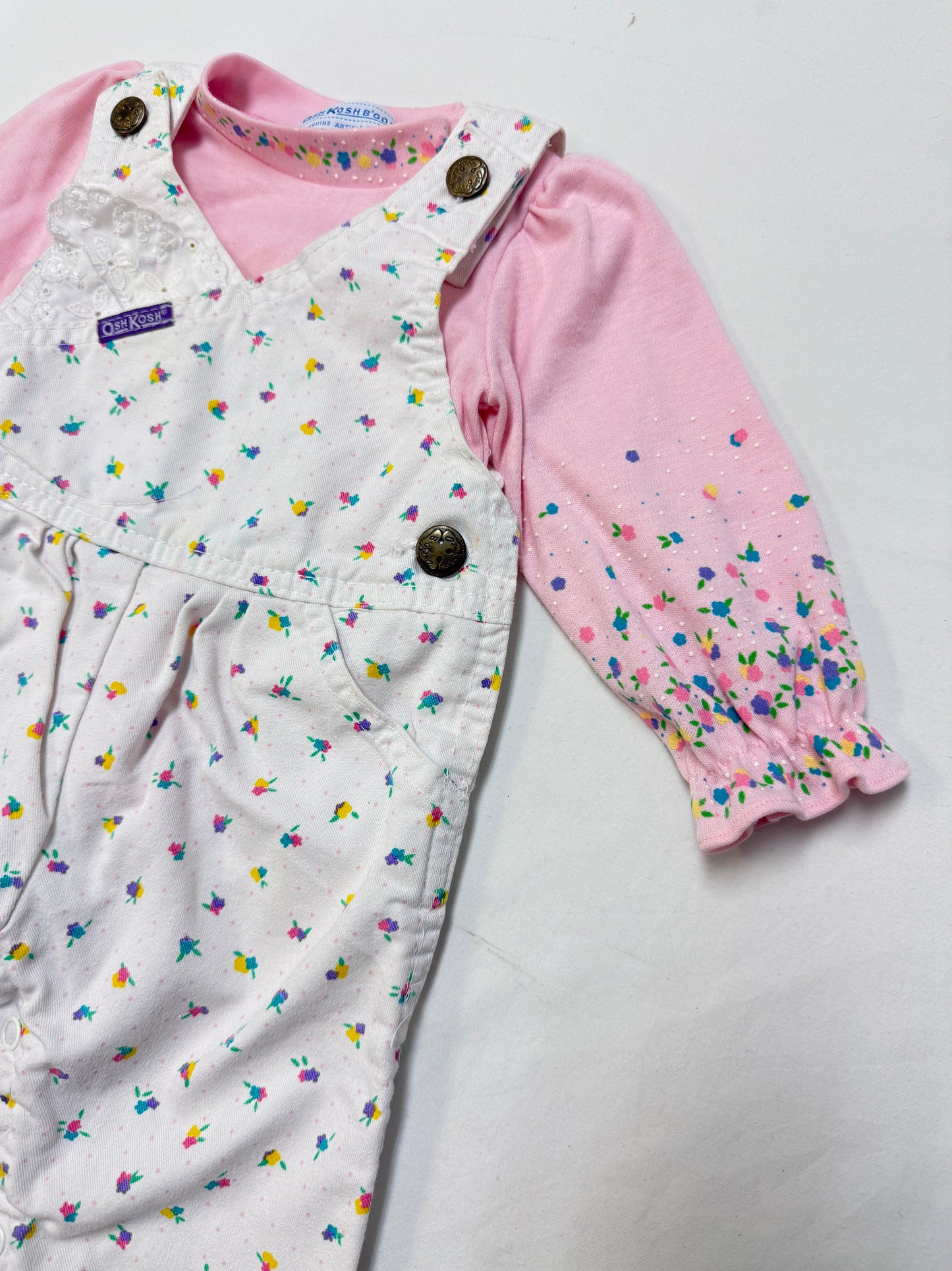 90s Kids Infant Baby Vintage Oshkosh Bgosh Floral AOP Longsleeve Shirt and Overall 2pc Set / 0m 3m / Made in USA