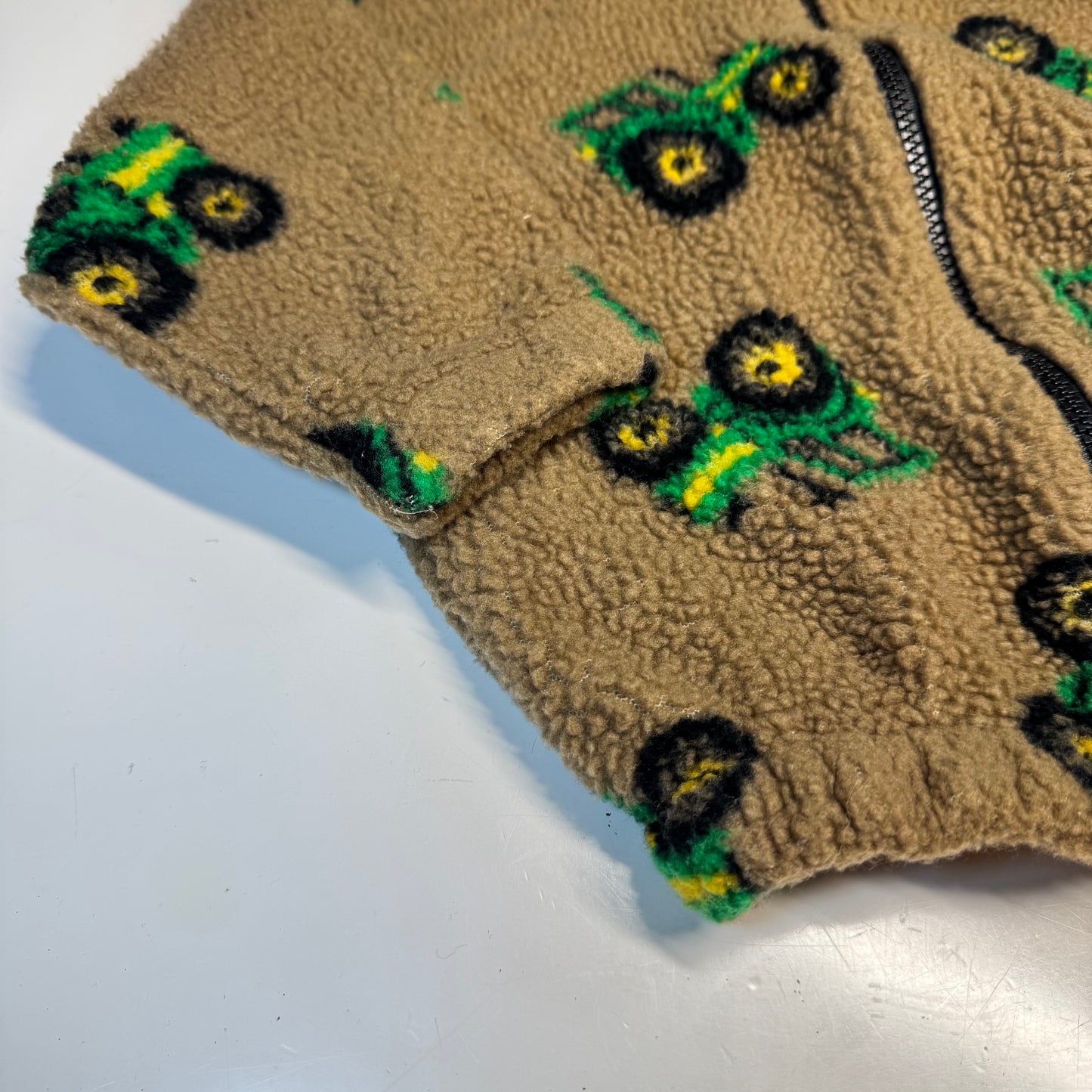 90s 2000s Kids Toddler Vintage Beige Khaki Deep Pile Zip Fleece Tractor AOP With Pockets Made in USA 3T