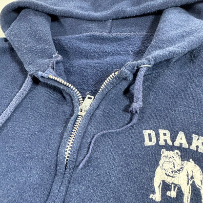 80s Kids Youth Vintage Drake University Flock Print Navy Zip Hooded Sweatshirt Made in USA L 14Y 16Y