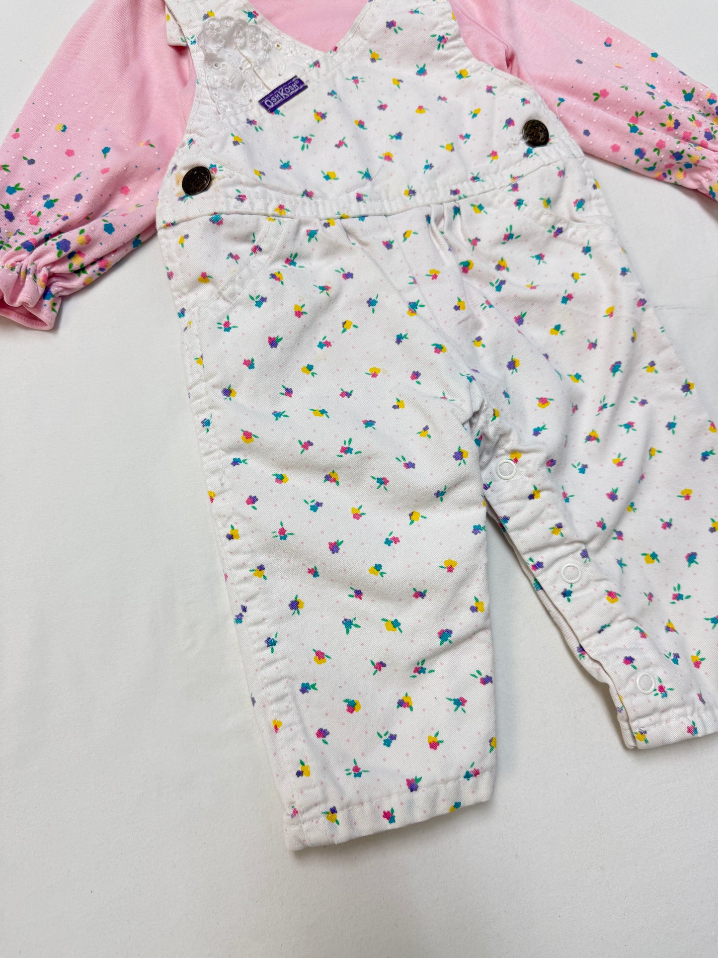 90s Kids Infant Baby Vintage Oshkosh Bgosh Floral AOP Longsleeve Shirt and Overall 2pc Set / 0m 3m / Made in USA