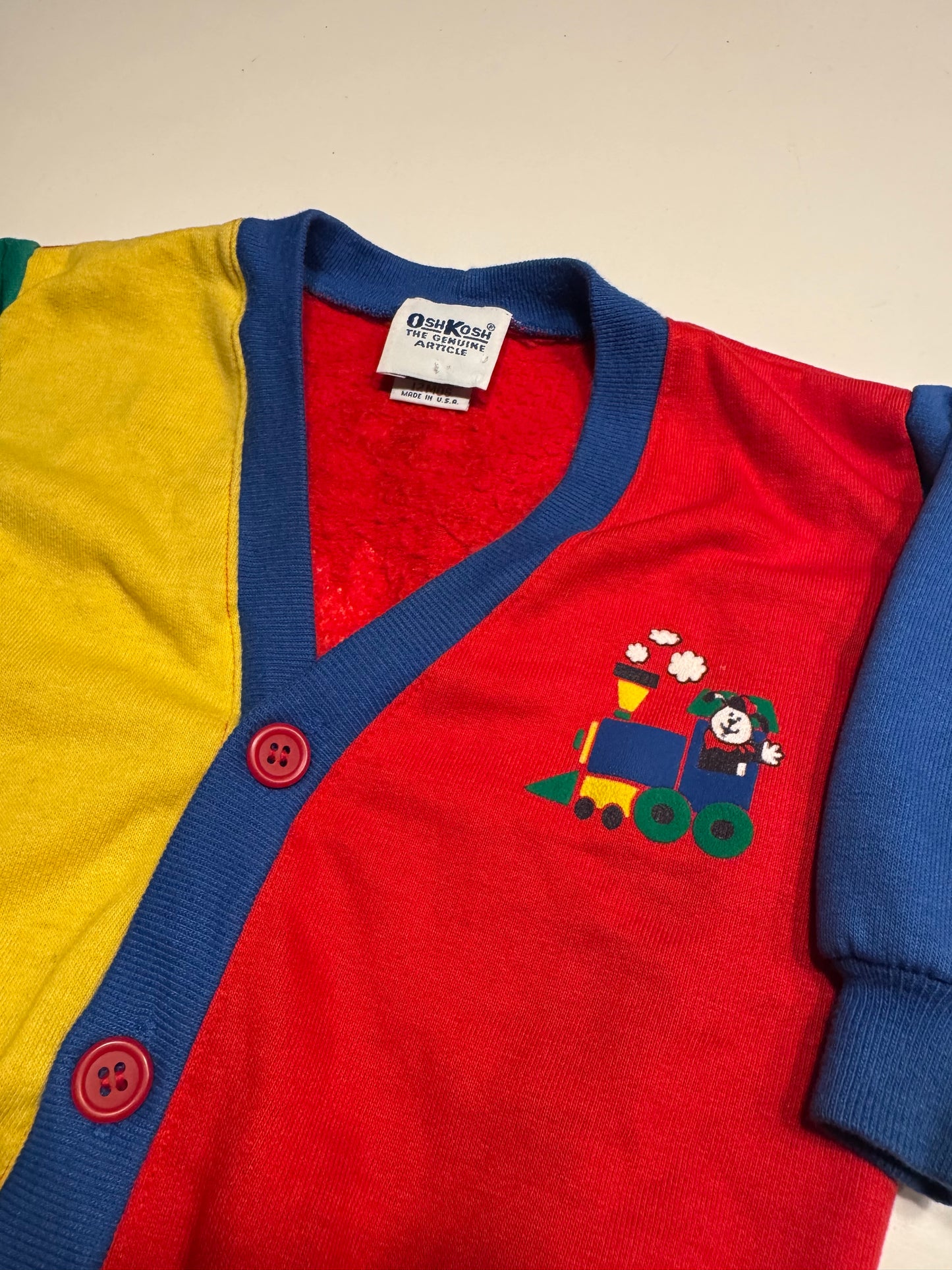 90s Kids Toddler Infant Vintage Baby B’Gosh Oshkosh Multicolour Train Big Print Red Green Yellow Blue Sweat Cardigan //12m / Made in USA
