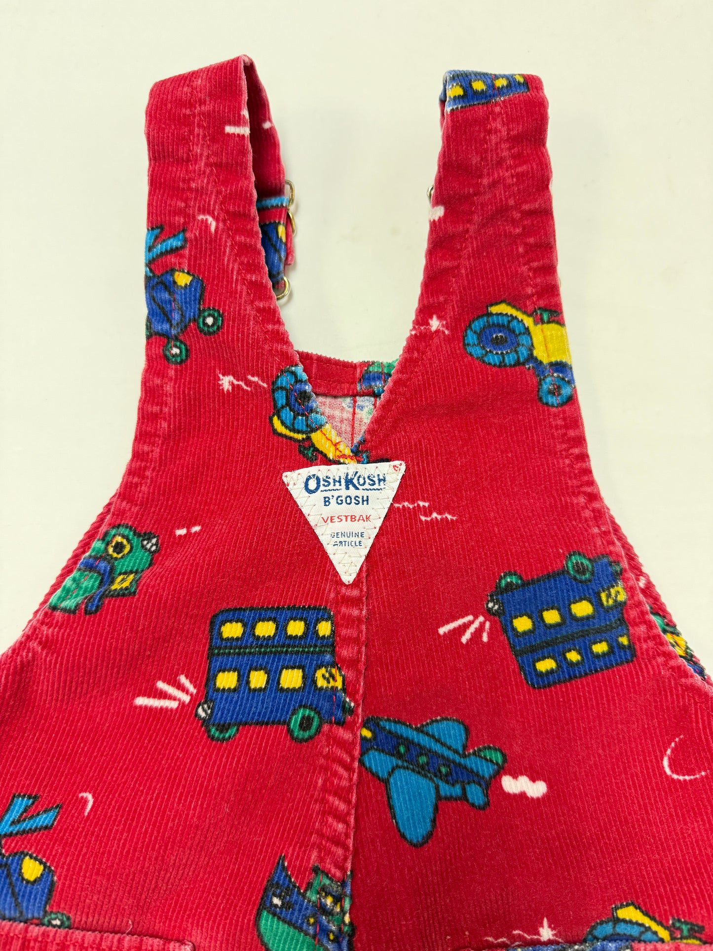 90s Kids Toddler Vintage Oshkosh Bgosh Red Cordury Plane Helicopter Tractor Bus AOP Cotton Overall / 2T/ Made in Canada
