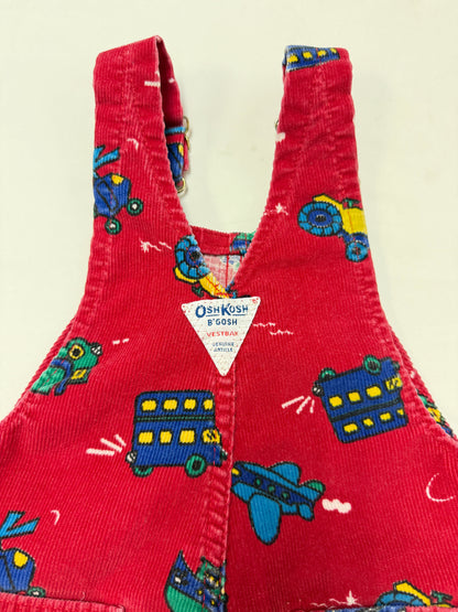 90s Kids Toddler Vintage Oshkosh Bgosh Red Cordury Plane Helicopter Tractor Bus AOP Cotton Overall / 2T/ Made in Canada