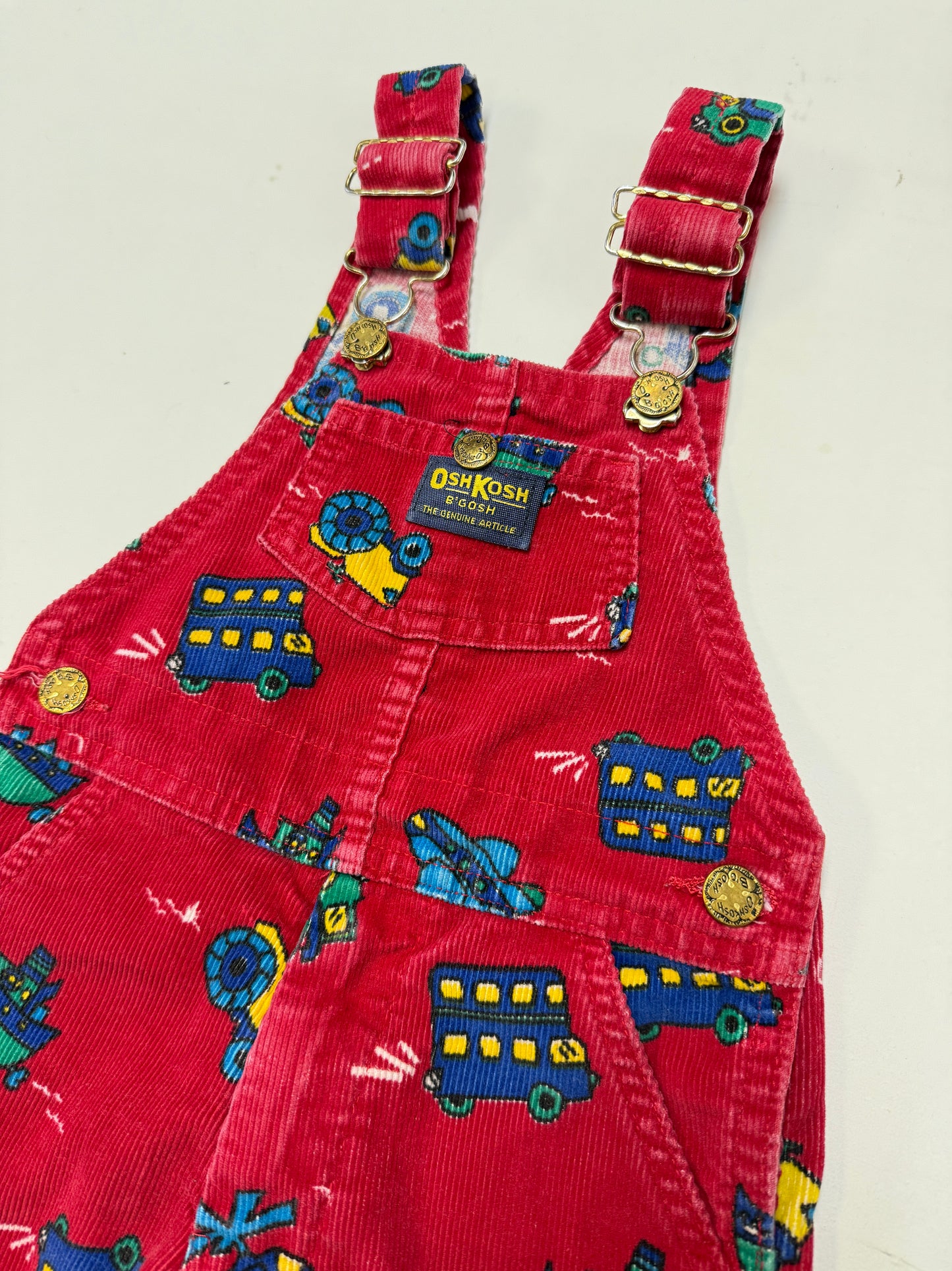 90s Kids Toddler Vintage Oshkosh Bgosh Red Cordury Plane Helicopter Tractor Bus AOP Cotton Overall / 2T/ Made in Canada