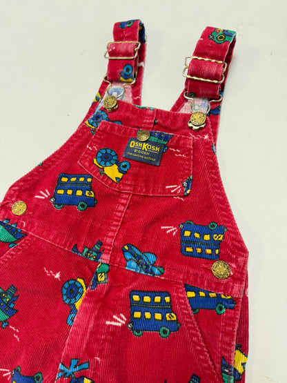 90s Kids Toddler Vintage Oshkosh Bgosh Red Cordury Plane Helicopter Tractor Bus AOP Cotton Overall / 2T/ Made in Canada