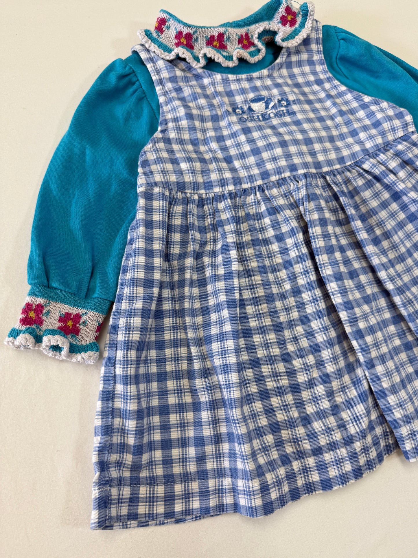 90s Y2K Kids Toddler Infant Vintage Oshkosh Bgosh Blue Check Dress and Puff Sleeve Floral Print Longsleeve Top 2pc Set / 12m 18m 24m / Made in USA dress set