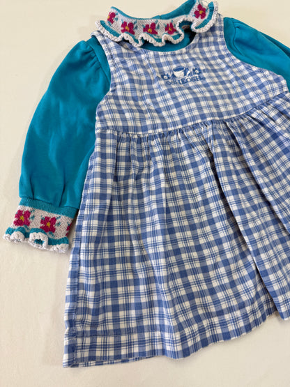90s Y2K Kids Toddler Infant Vintage Oshkosh Bgosh Blue Check Dress and Puff Sleeve Floral Print Longsleeve Top 2pc Set / 12m 18m 24m / Made in USA dress set