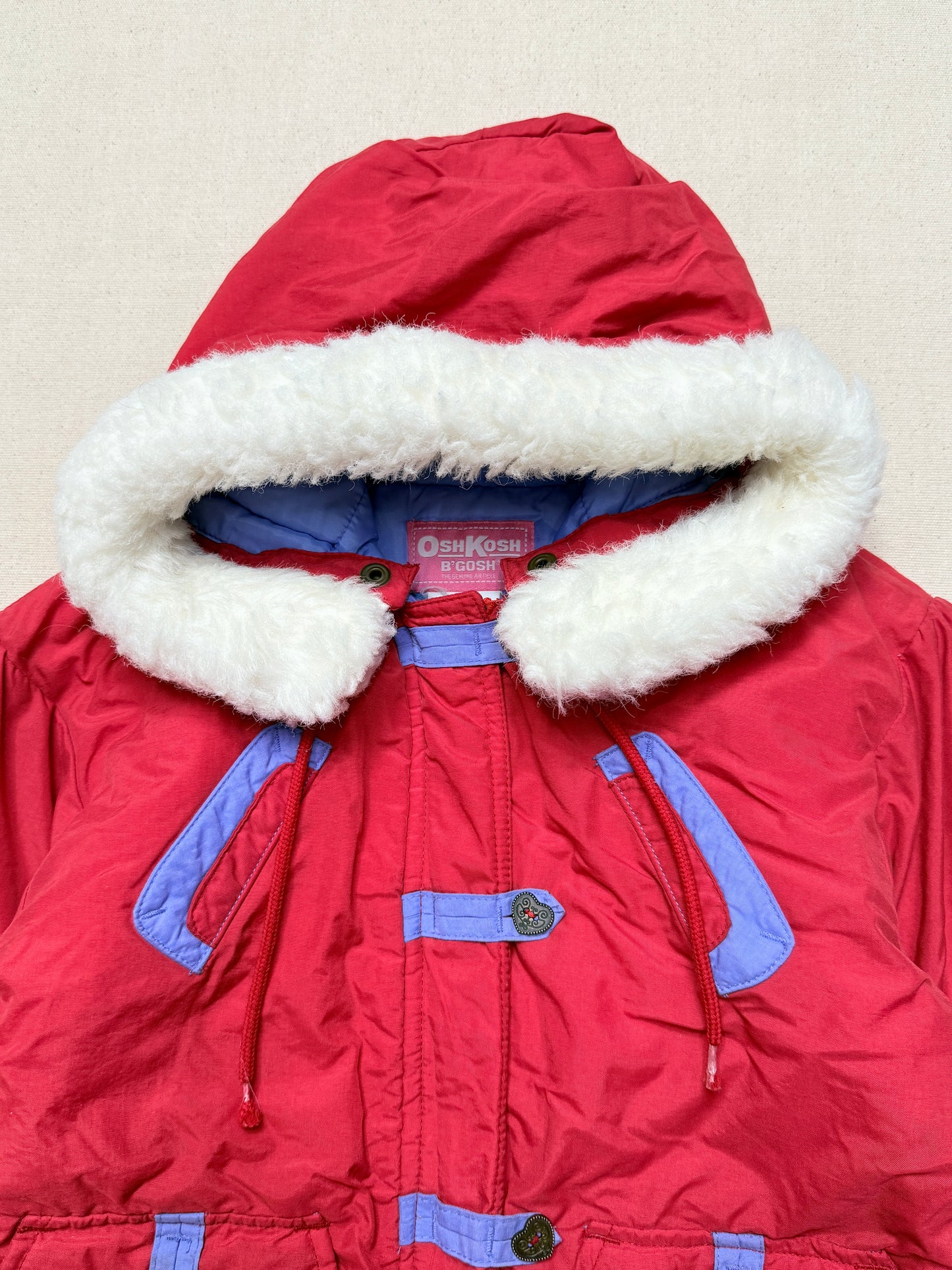 90s 2000' Kids Toddler Vintage Oshkosh Bgosh Heart Buttons Removable Hood Boa Down Jacket / 4T 5T 6y