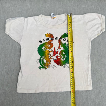 70s Kids Vintage Singapore Dragons Print on a Beige Short Sleeve T-Shirt 5Y 6Y