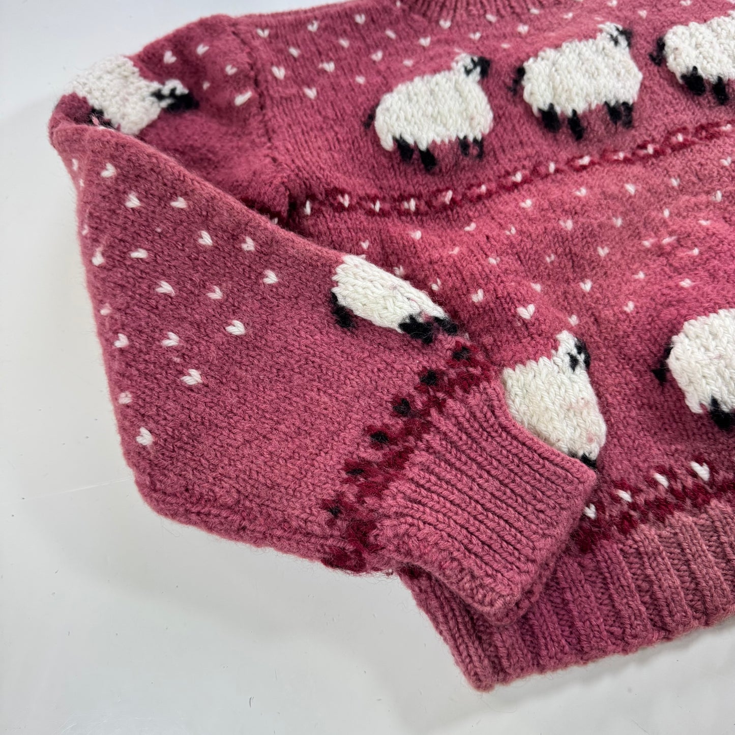 Kids Toddler Vintage Hand Knit Beautiful Maroon Pullover Sweater With Puff Shoulder AOP Sheep r 4Y 5Y 6Y