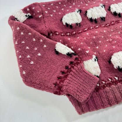 Kids Toddler Vintage Hand Knit Beautiful Maroon Pullover Sweater With Puff Shoulder AOP Sheep r 4Y 5Y 6Y