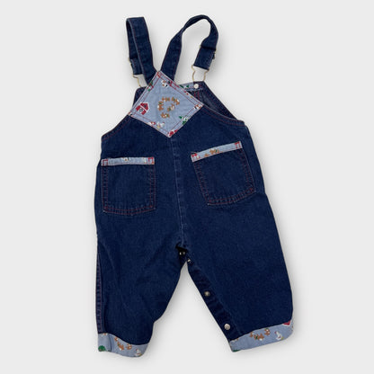 Baby Vintage 100% Cotton Denim Oshkosh Overall Farm Friends With Cuff Print 12M Made In USA