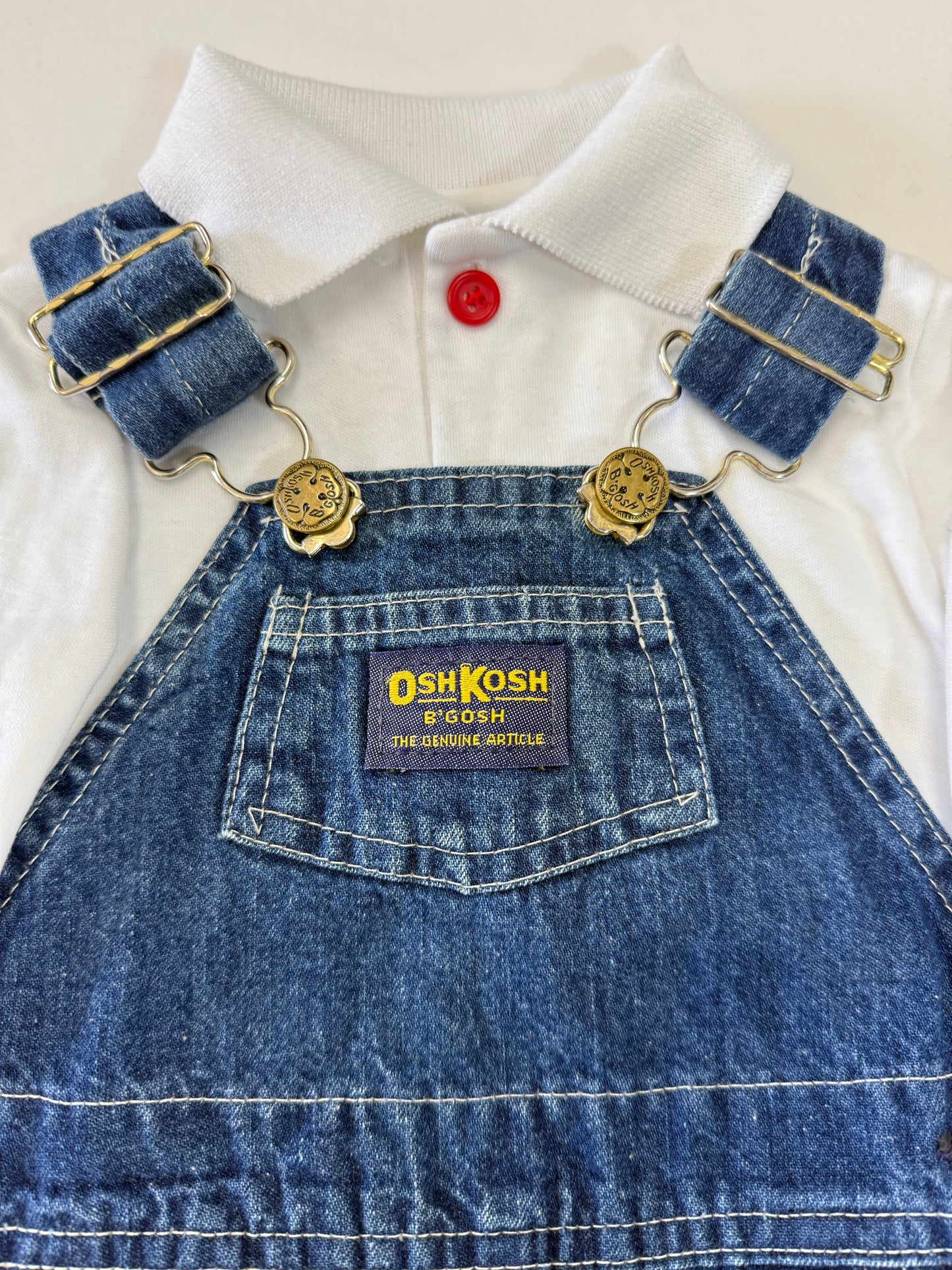 90s Kids Infant Baby Vintage Oshkosh Bgosh Denim Overall and Bears Print Longsleeve Polo Top 2pc Set / 3m 6m 9m / Made in USA