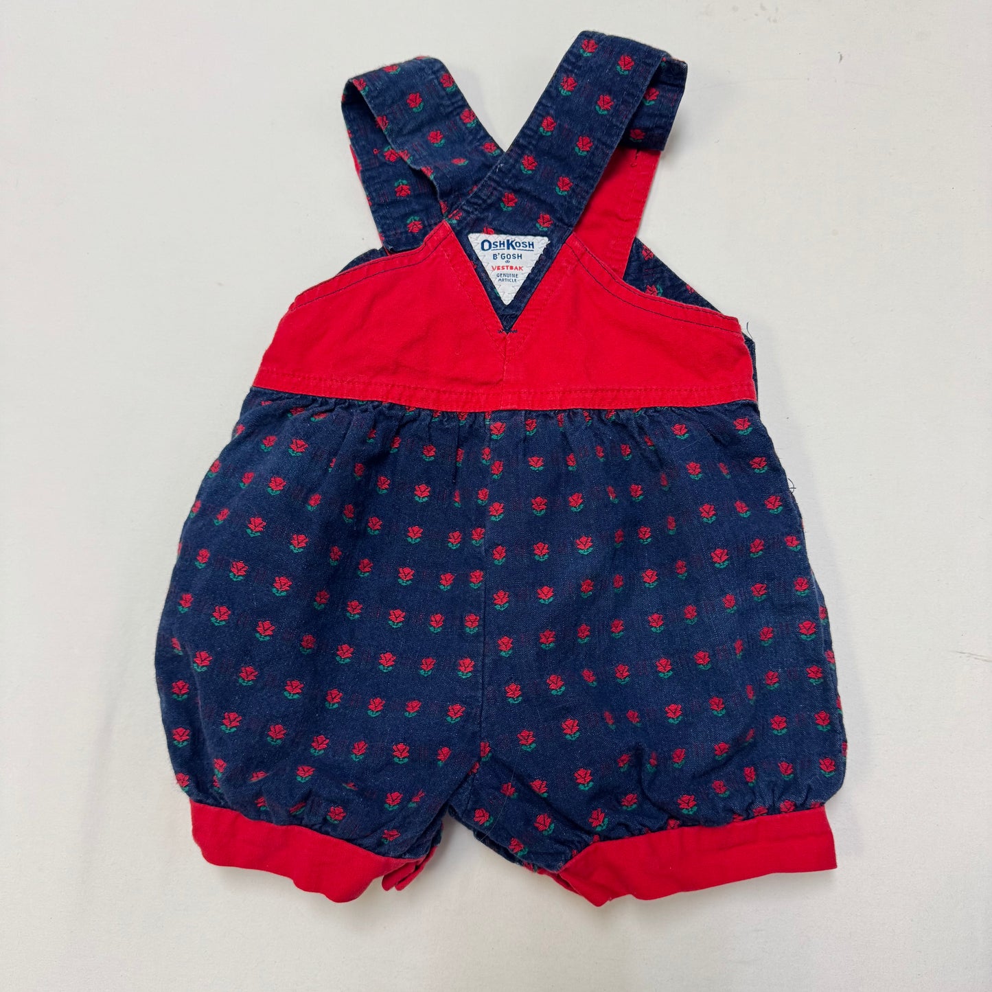90s Kids Toddler Infant Vintage Baby B’Gosh Oshkosh Criss Cross  Dark Denim Red Flower Print AOP Romper //2T / Made in USA