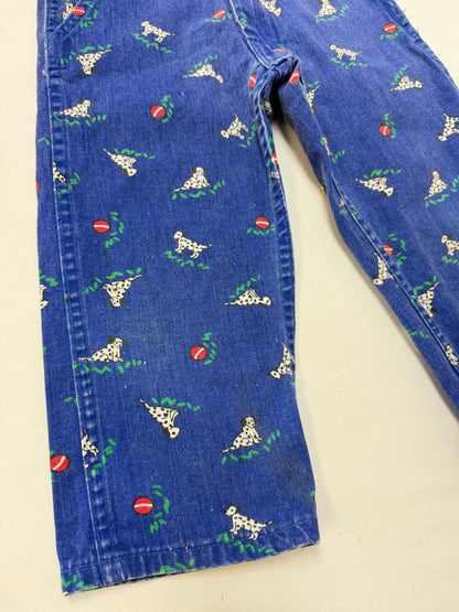 90s Kids Toddler Vintage Oshkosh Bgosh Dalmatian Dog AOP Blue Cotton Overall / 3T