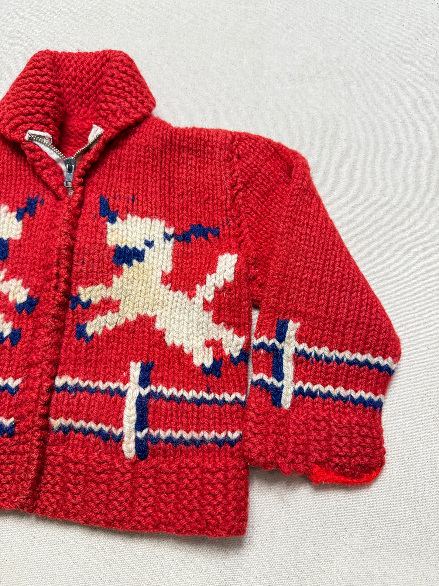 50s 60s Kids Toddler Vintage Lamb Emboridered Red Flash Zipper Shawl Collar Cowichan Sweater / 4T 5y 6y