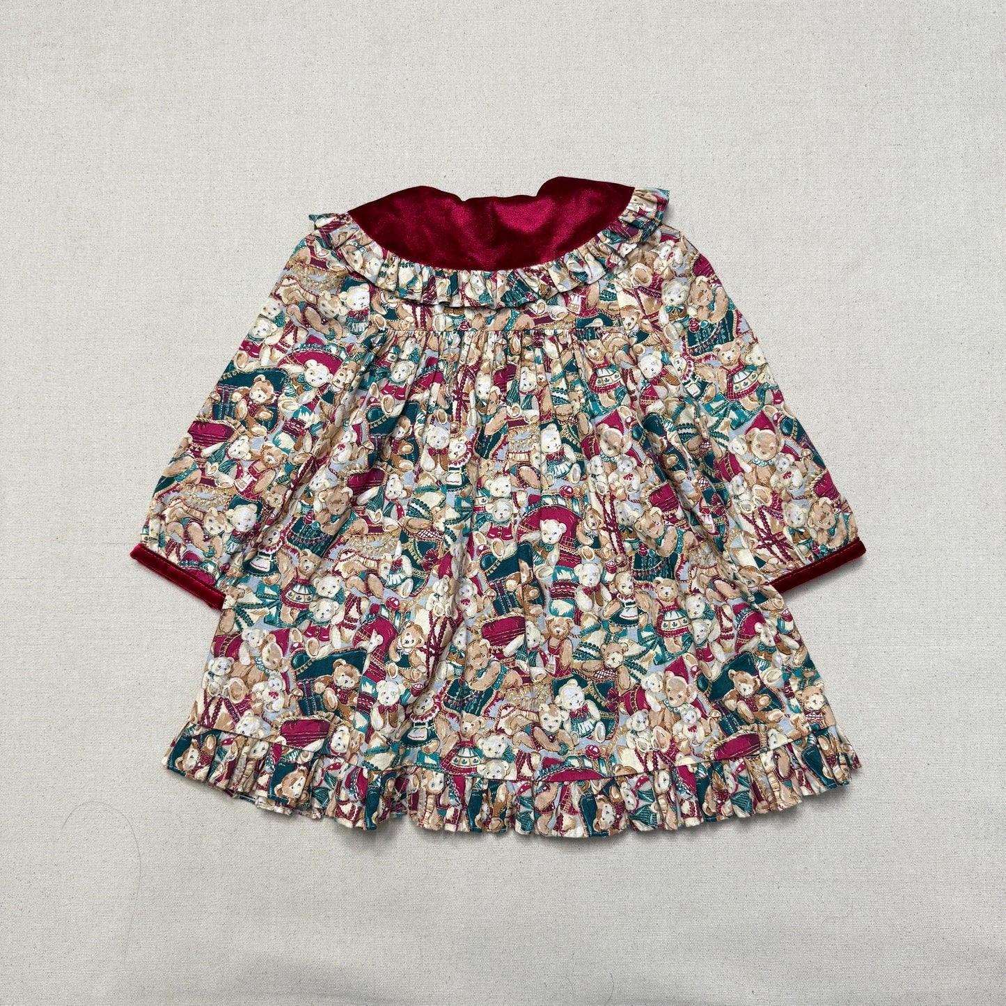 80s 90s Kids Toddler Vintage Teddy Bear AOP Christmas Pattern Velvet Round Collar Dress / 24m 2T   dress