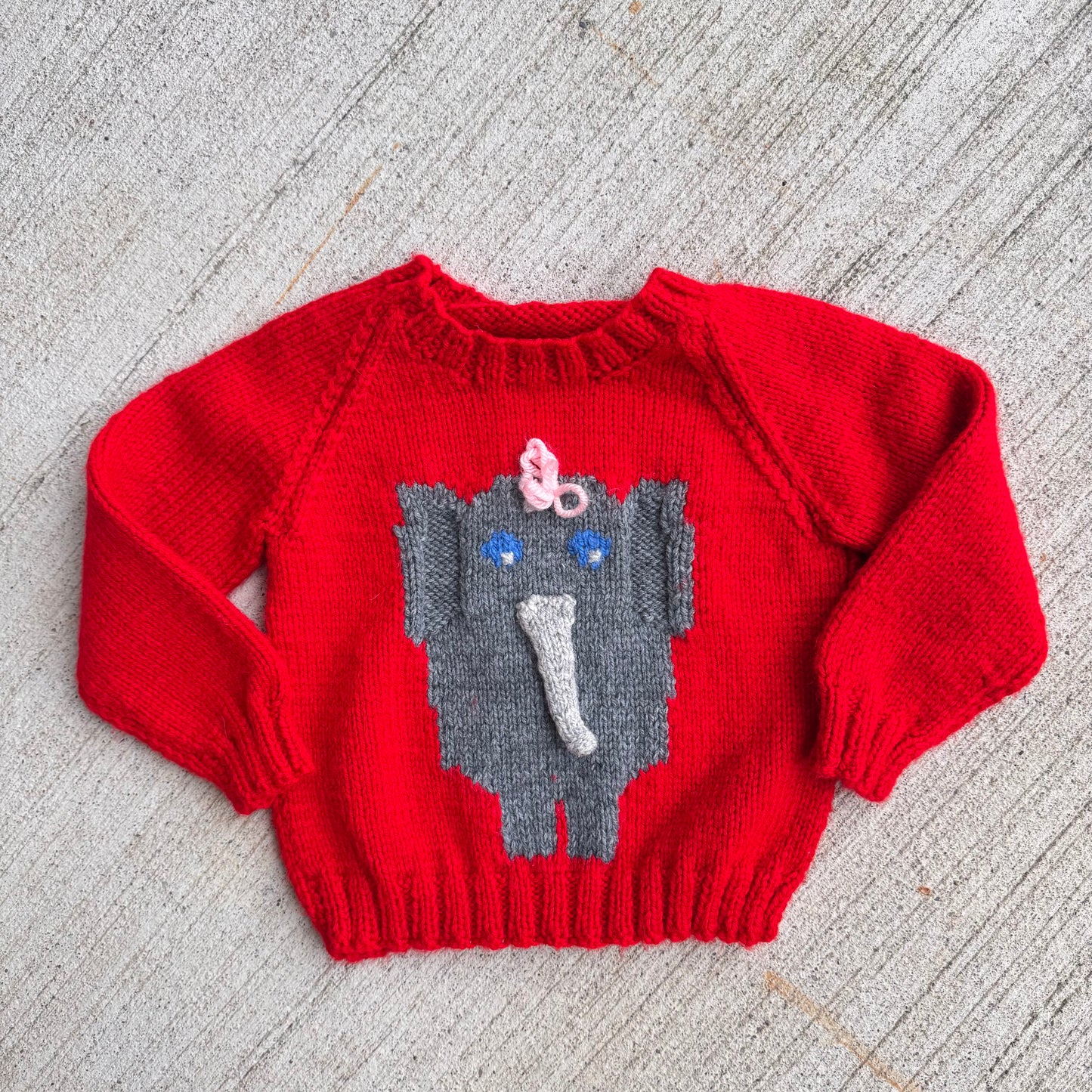 Baby Toddler Vintage Elephant Hand Knit Red Pullover Sweater 18mns 2Y